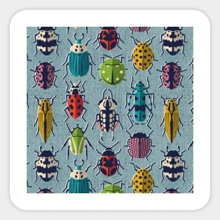 These don't bug me // pattern // duck egg blue background green yellow neon red orange pink blue and black and ivory retro paper cut beetles and insects Sticker